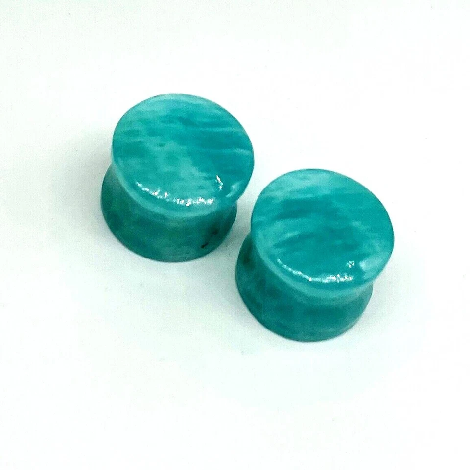 PAR de tapones de amazonita natural, doble destello, hechos a mano, tamaño 3 mm a 50 y más Foto 4 de 4