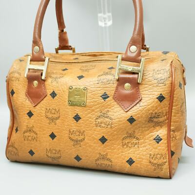 MCM Visetos Coated Canvas Mini Boston Hand Bag Leather Cognac