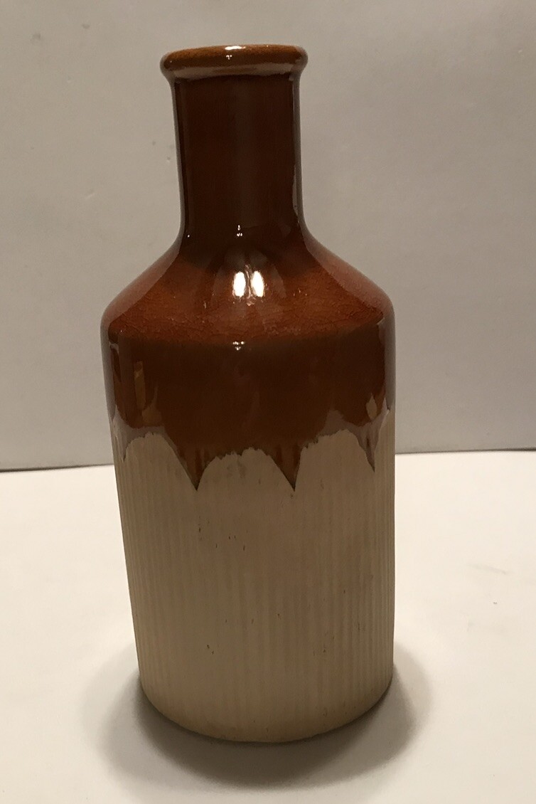 Vtg Glazed Ceramic Stoneware Bottle W/glazed Brown Top & Flat