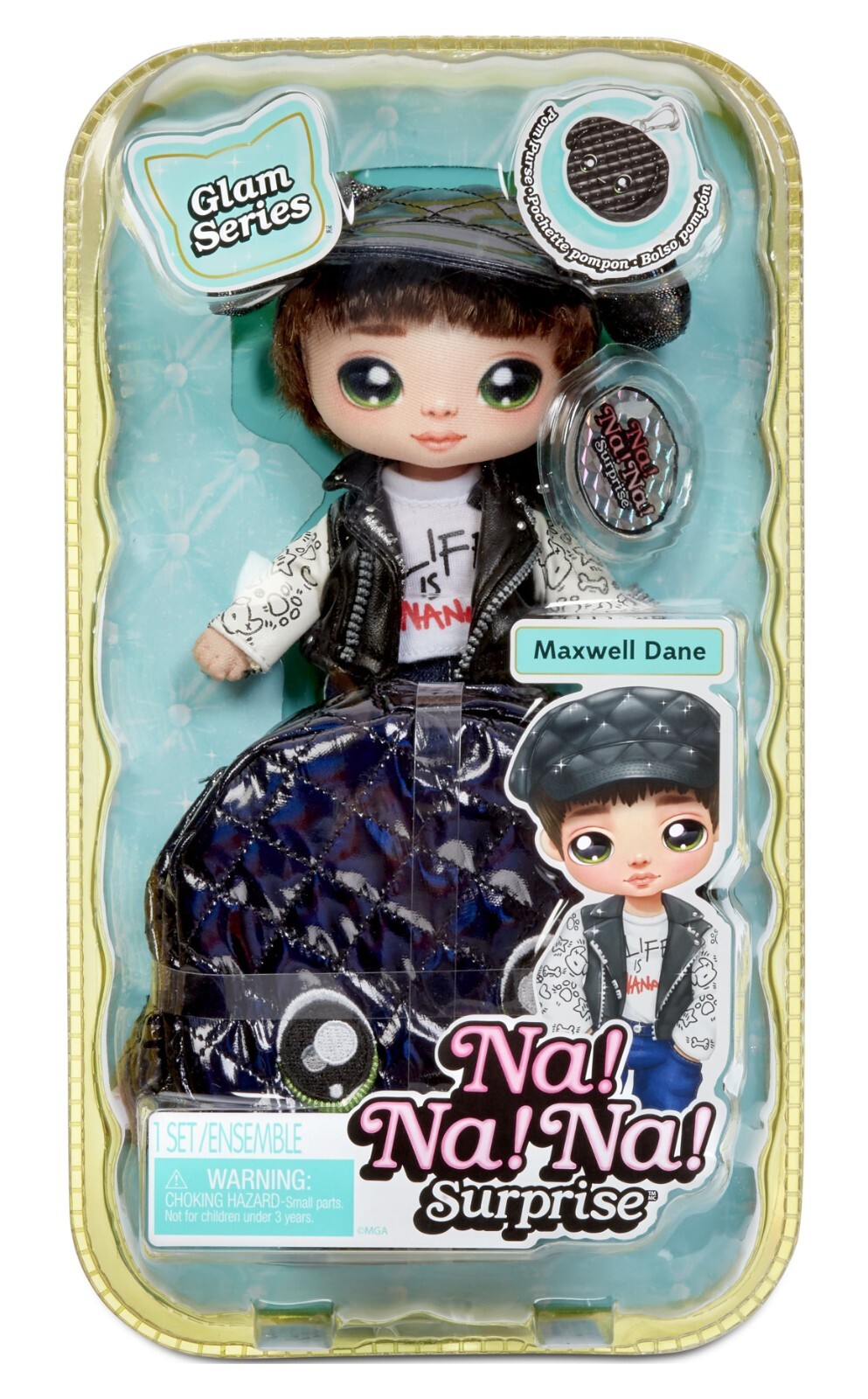 NEW! 7" Maxwell Dane Na! Na! Na! Surprise Glam Series 1 Fashion Doll & Pom Purse