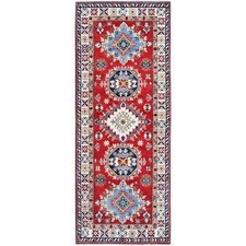 2'7"x6'9" Red Kazak Medallions Design Soft Wool Hand Knotted Runner Rug R451