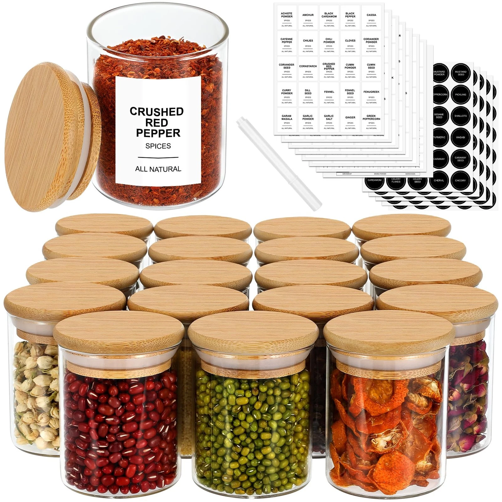 4OZ Glass Spice Jars with Bamboo Lids and 315 Labels, 20 Pcs Clear Food Stora...