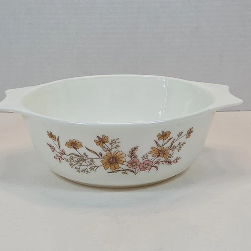 Vintage Pyrex England Milk Glass Country Autumn Floral Casserole Dish No Lid 8”