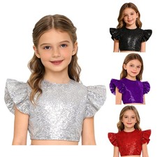 Kids Girls Crop Top Ruffled Shirt Dance Vest Glittery Dancewear Fly Sleeve