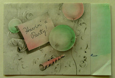 Balloons & noise maker vintage Birthday party invitation greeting card #A48