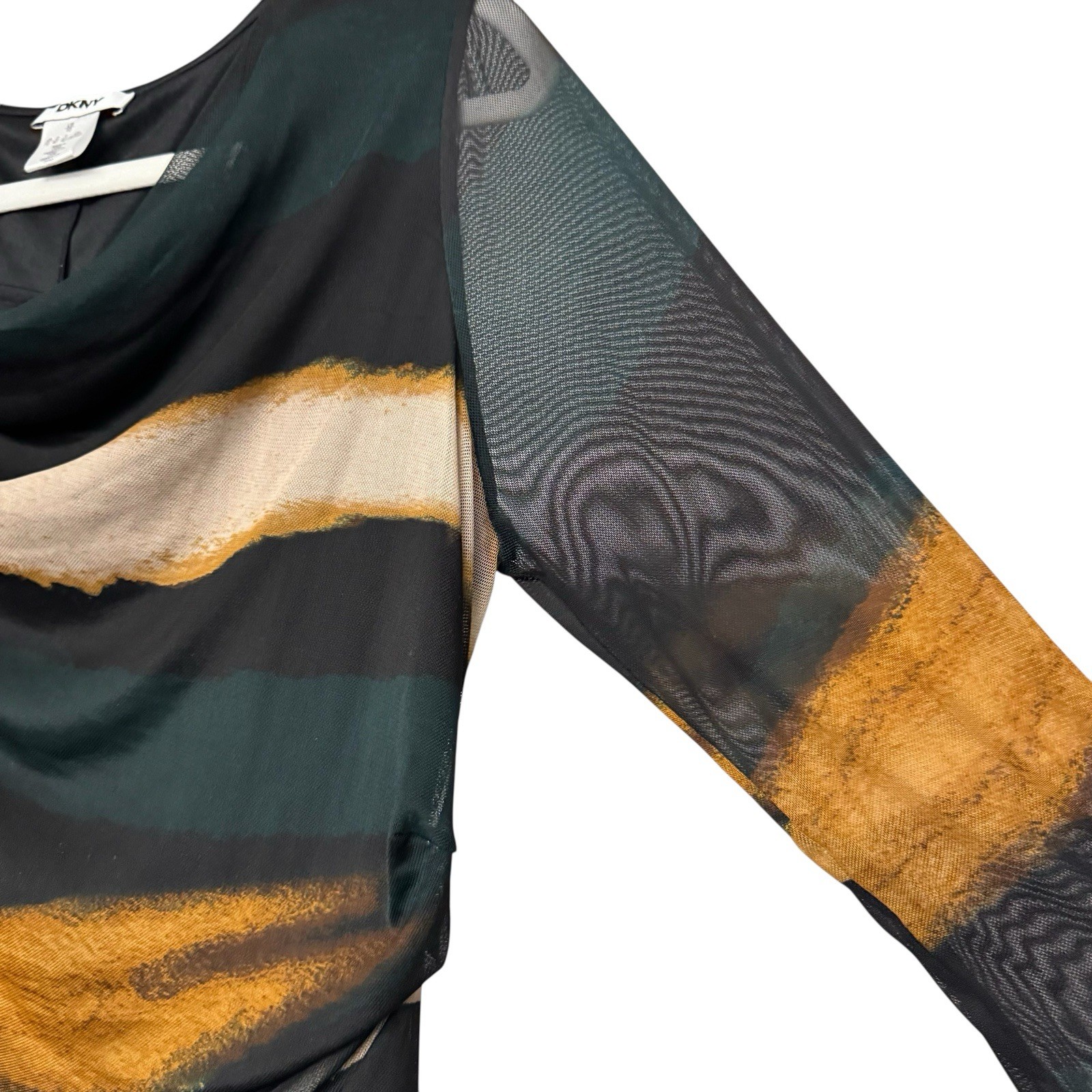 DKNY Maxi Dress Mesh Overlay Black Green Tan Sheer Sleeve Ruched Waist Sz 10 EUC image 8