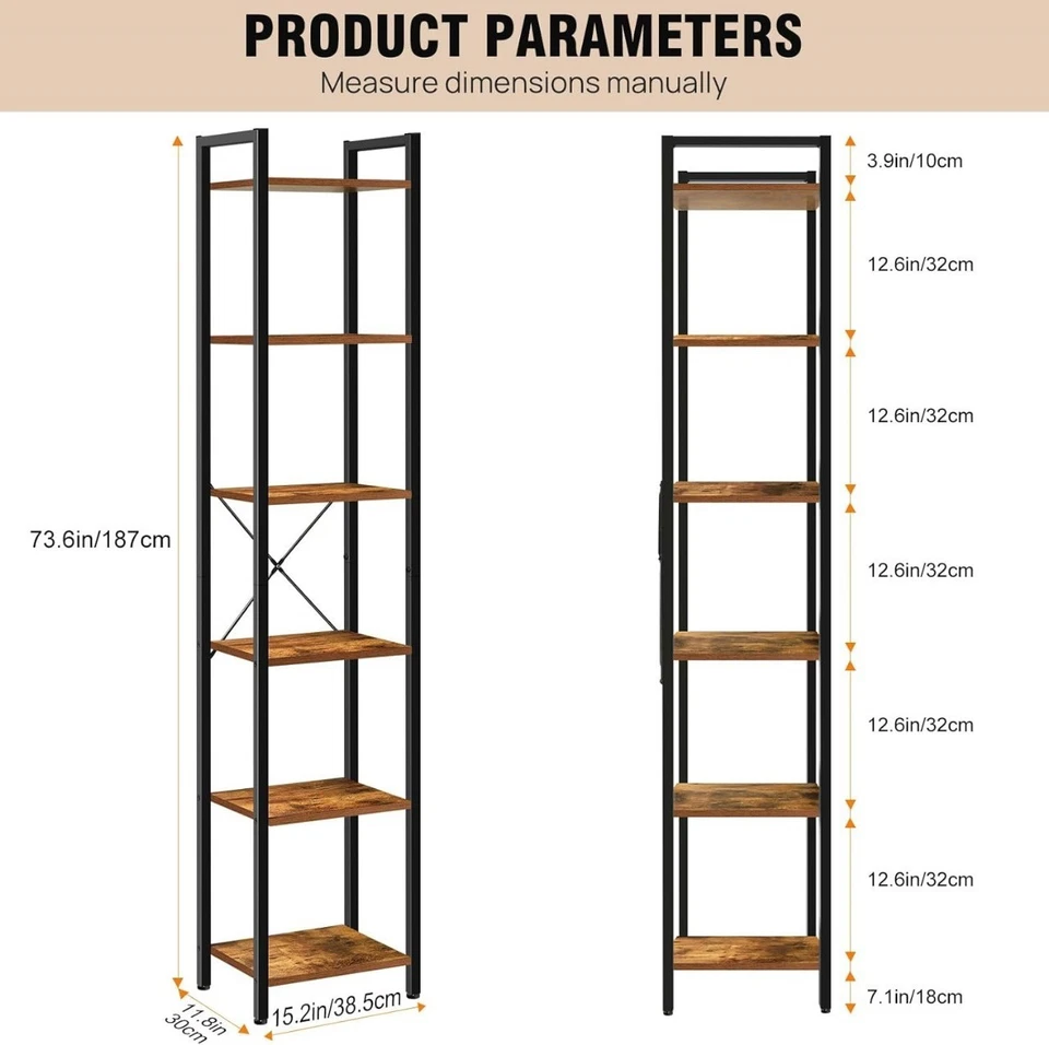 Narrow Wooden Shelf 6 Tier Rustic Rack Display Unit Metal Frame Storage Bookcase - Image 2 of 4