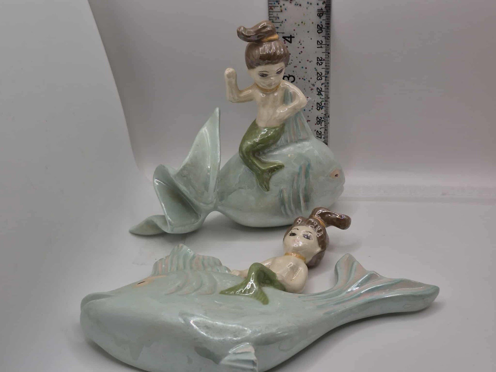 Vintage RARE Mermaid Riding Fish Wall Plaque Set -Retro Arnels Chalkware