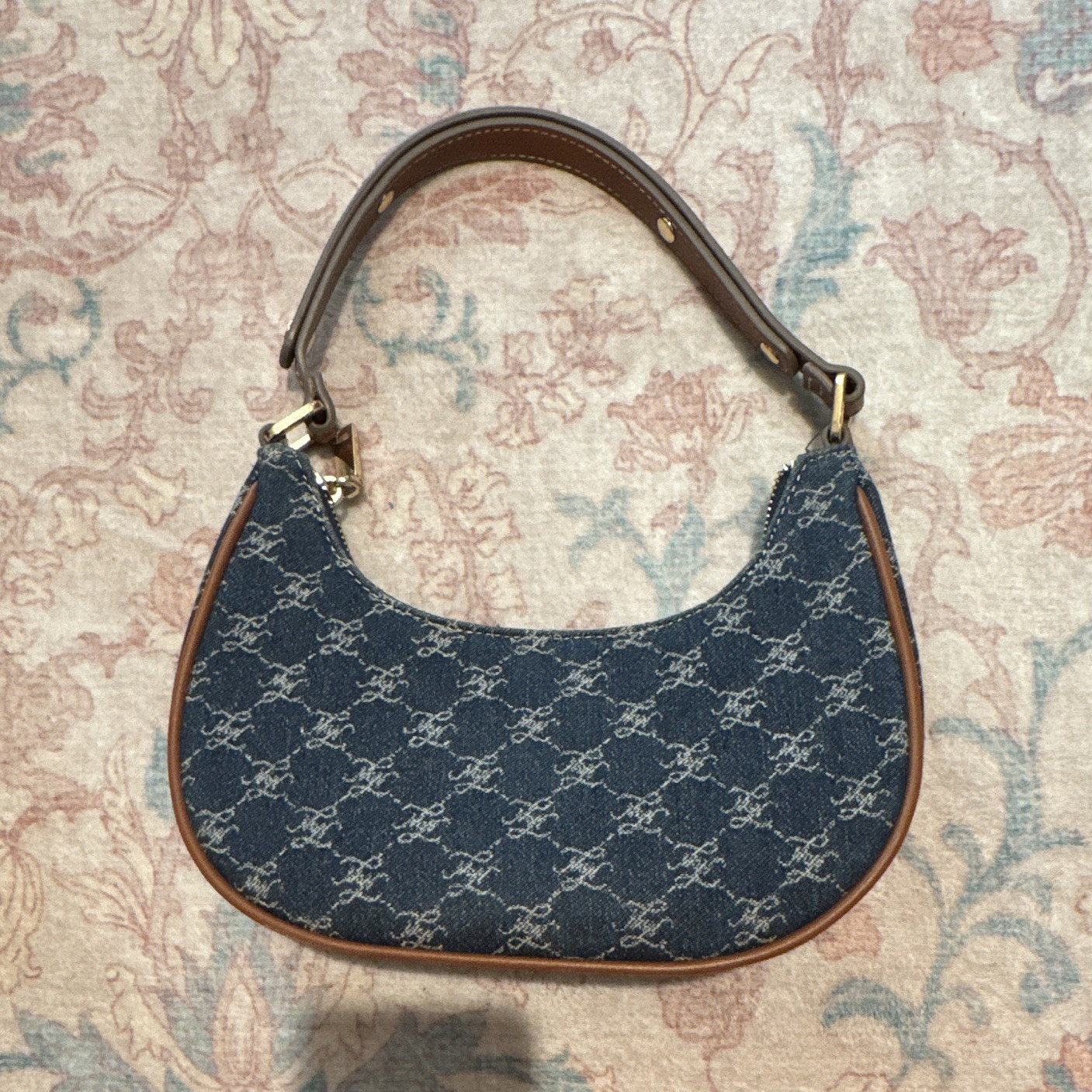MNG Blue Monogram Crescent Zip Shoulder Bag Brown Shoulder Strap Gold Hardware