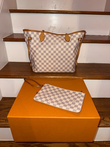 Louis Vuitton Neverfull Damier Azur White Gray Medium Tote Bag w/ Pouch