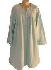 Miss Elaine XL Brushed Back Terry Short Robe Snap Loungewear Blue Embroidery