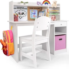 Kids Study Desk with Chair Set — Wooden Child Desk with Hutch & Storage Cabinet