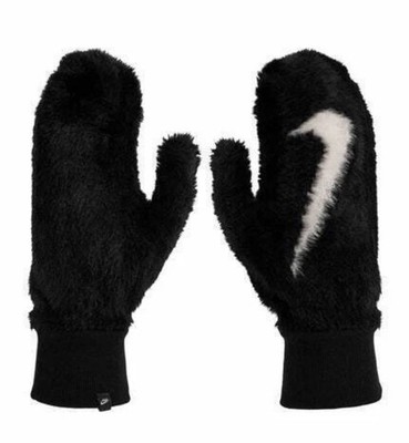 Nike Plush Mittens Gloves Solid Black White Winter Fuzzy Size XS/S