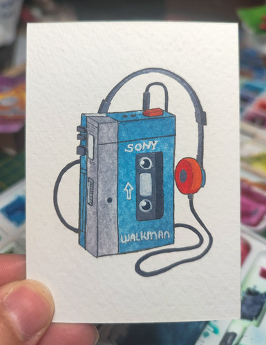 Original ACEO watercolor Walkman OOAK Retro Vintage Painting Handmade