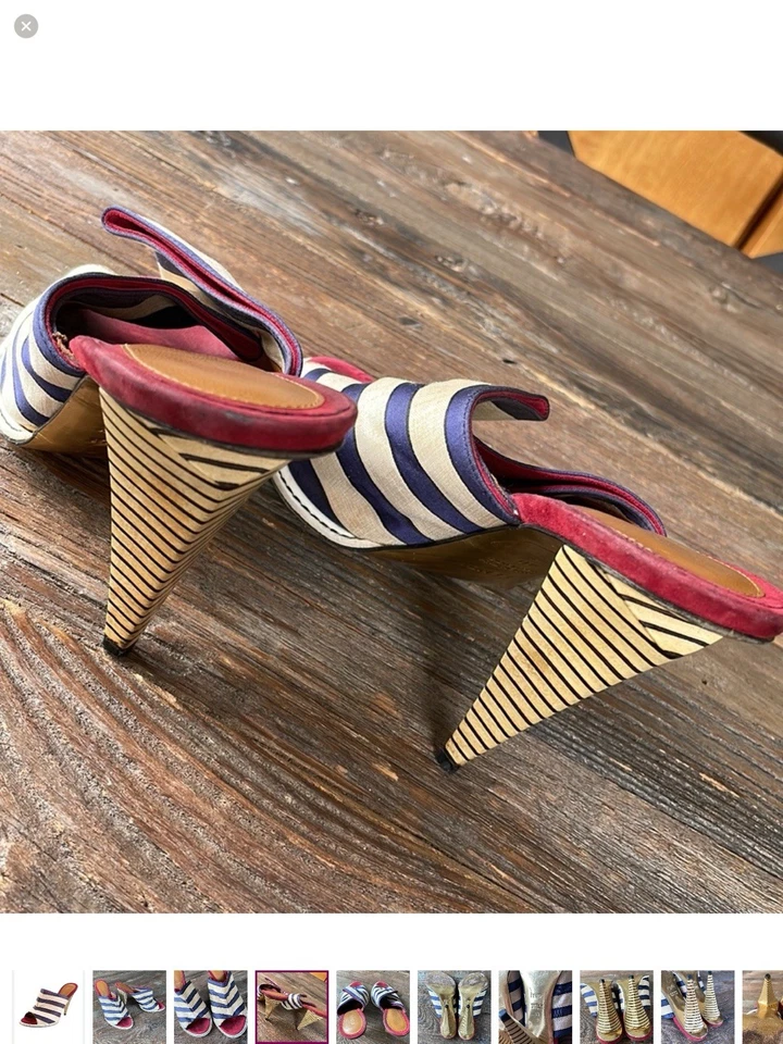 Sandalia Fendi de lona azul marino a rayas tacón geométrico punta abierta talla 40 con certificado de autenticidad Foto 4 de 4