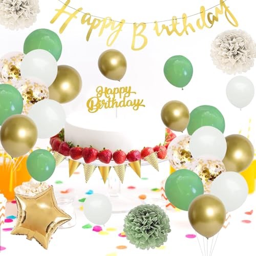 Kit Anniversaire Vert Sauge et Or avec 53 Ballons Décoratifs et Bannière