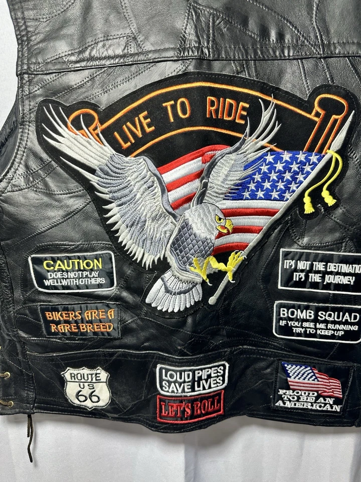 Biker Vest Mens XL Buffalo Leather Diamond Plate Live to Ride Motorcycle Patches - Изображение 3 из 4