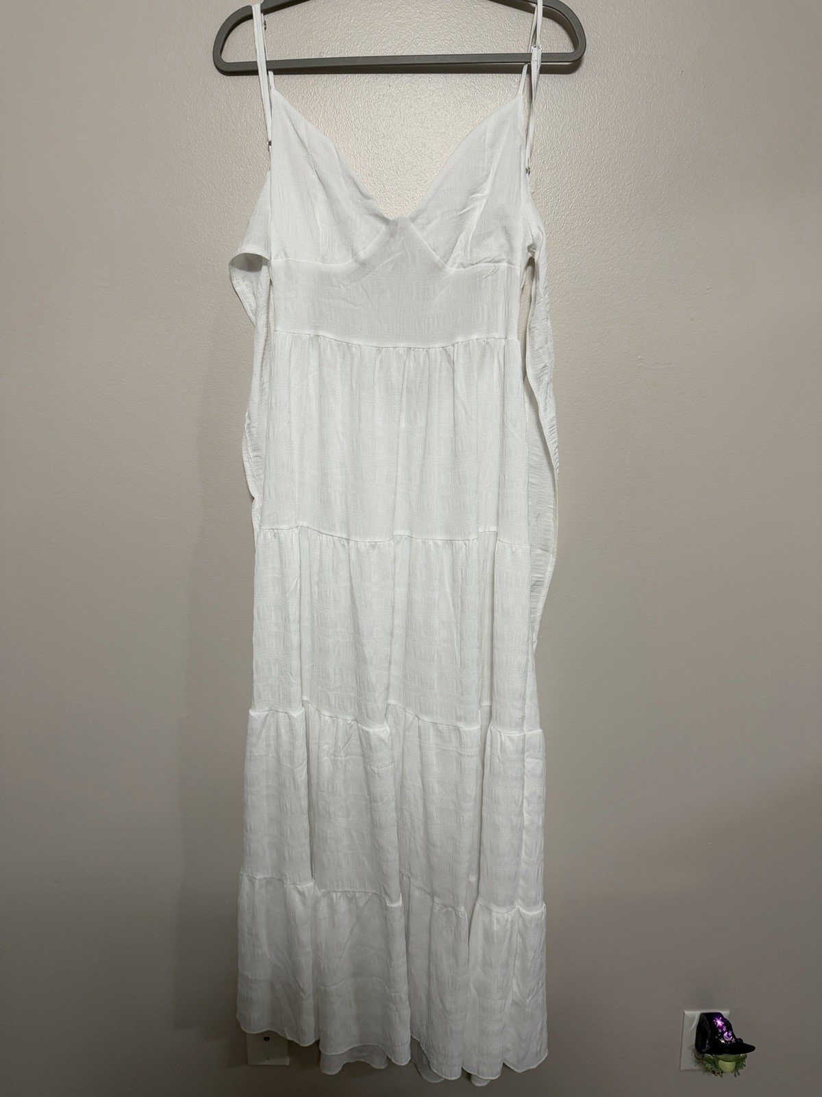 Womens White Tiered Sundress Size L Spaghetti Strap Boho Cottagecore Midi Dress