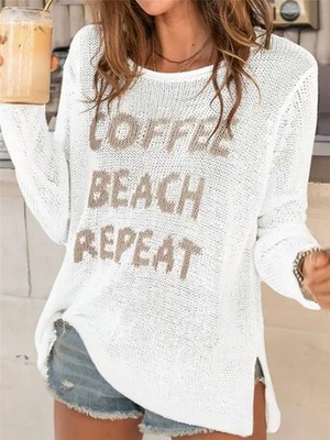 COFFEE BEACH REPEAT Graphic Slit Knit Top: White / M