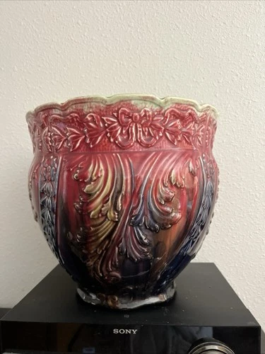 Antique Art Nouveau WELLER majolica  pottery Jardinere  10’ ribbon bows