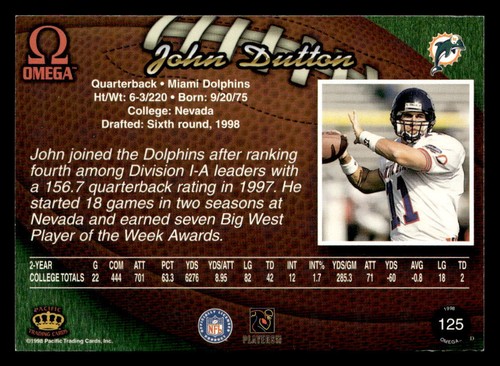 John Dutton 1998 Pacific Omega Rookie Card #125 Miami Dolphins - Picture 2 of 2