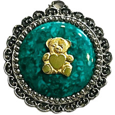 Teddy Bear Decorative Necklace Pendant 2" - Gold, Green and Silver Colored Bear