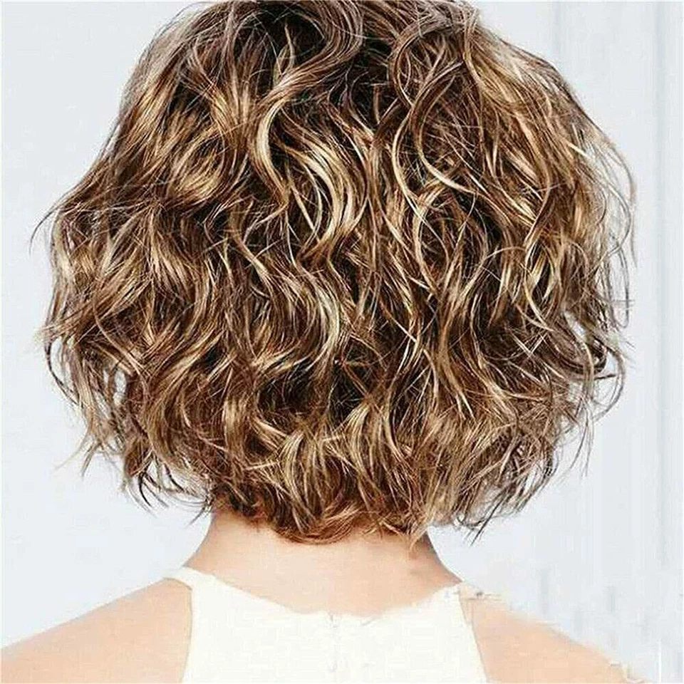 Peluca Bob ondulada rizada corta de 10 pulgadas para mujer cabello rubio oscuro esponjoso disfrazado informal EE. UU. Foto 4 de 4