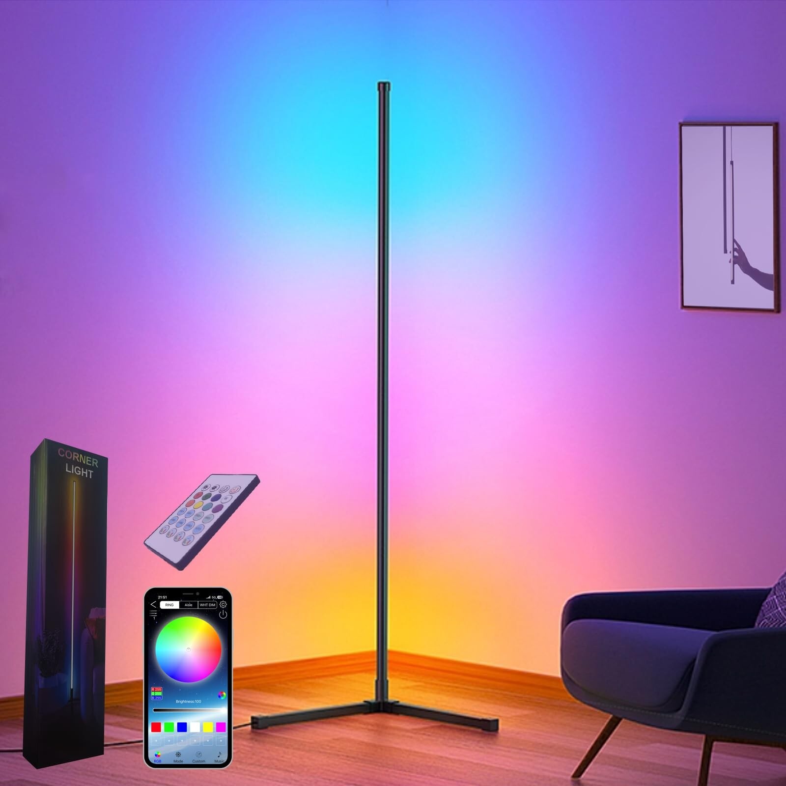 Corner Floor Lamp,60” Smart RGB LED Corner Lamp with App and Remote Contro