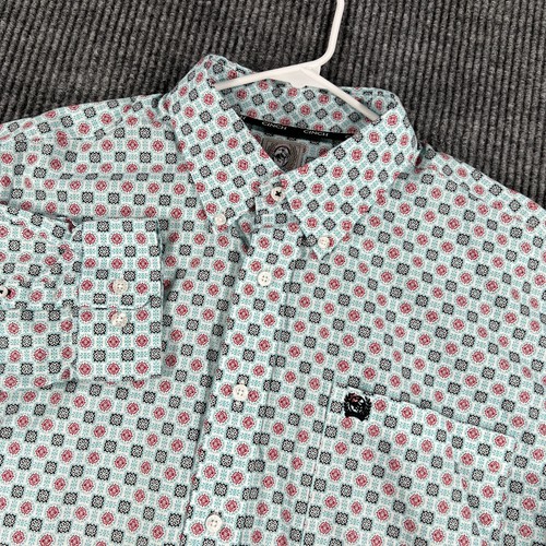 Cinch Shirt Mens Medium Green Geometric Long Sleeve Button Down Western Ranch