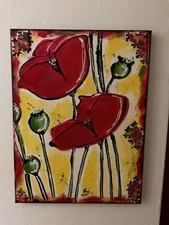 Mixed Media Painting of Poppies On Canvas 18" x 24" OOAK