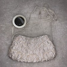 Vintage White Beaded Clutch Purse W Mirror