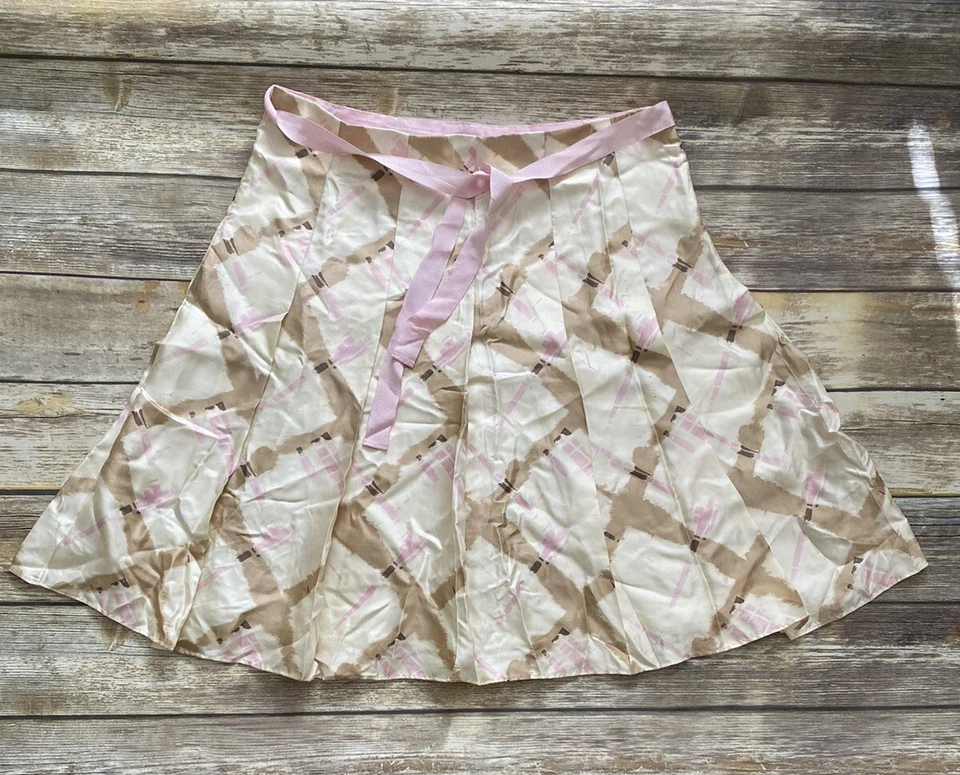 GAP 女式 100% 真丝复古 Y2K 百褶裙奶油色棕色粉色 12 码 - 带状领带 — 第 2/4 张图片
