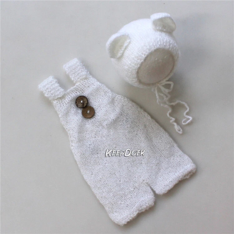Recién Nacido Bebé Niña Niño Mono Pantalón Tejido Oso Sombrero Fotografía Utilería Estudio Foto Foto 2 de 4