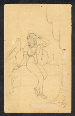 Handgefertigt Zeichnung Sketch Malerei Von Mughal Queen Auf Papier 14x22.9cm