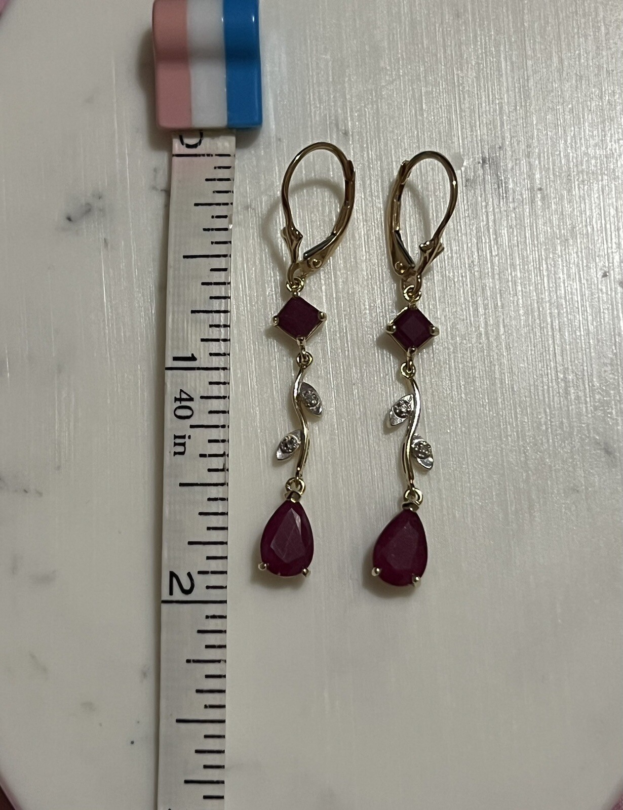 14k Solid Gold With Ruby & Diamond Dangle/drop Ea… - image 3