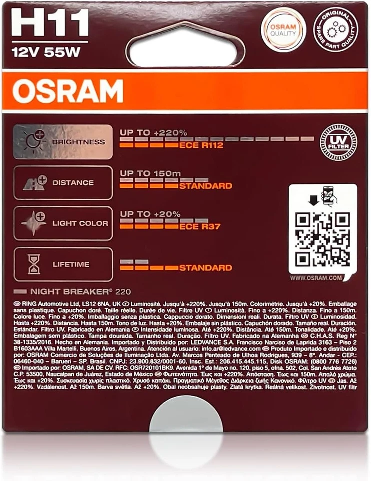Osram Night Breaker 220 H11 55W Two Bulbs Head Light Low Beam Replace Upgrade - Image 3 of 4