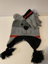 NEW Critter Hat Mittens Set Knit Cap Gray Black Puppy Ear Flaps NWT