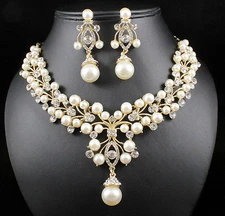 Pearl Cluster Austrian Rhinestone Crystal Necklace Earrings Set Bridal Prom N818
