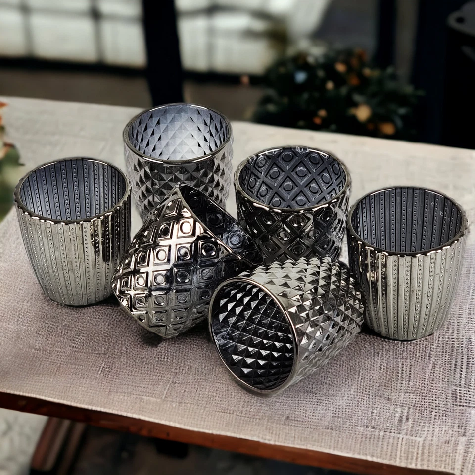 6 Teelicht Halter Glas Teelichthalter Gläschen Kerzenhalter Tischdeko silber - Bild 2 von 4