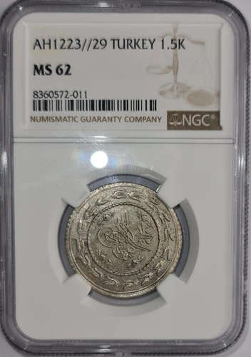 TURKEY OTTOMAN EMPIRE - ΑΗ1223/29  1-1/2 Kurush,Mahmud II - NGC MS62 !!!