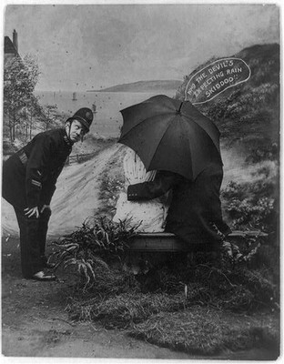 You'll excuse me,courtship,couples,umbrellas,policeman,man,woman,rain,c1907