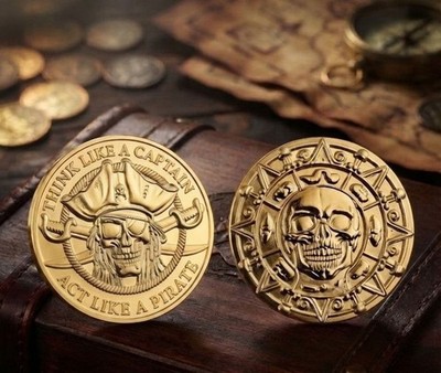   Think Like A Captain Act Like A Pirate Brass Coin Skull Compass Medal Token