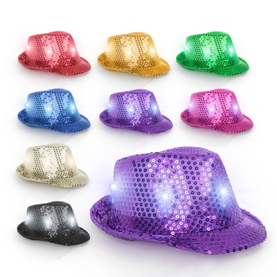 Windy City Novelties 12 Pack LED Light Up Sequin Fedoras Hats Men Women, Assor