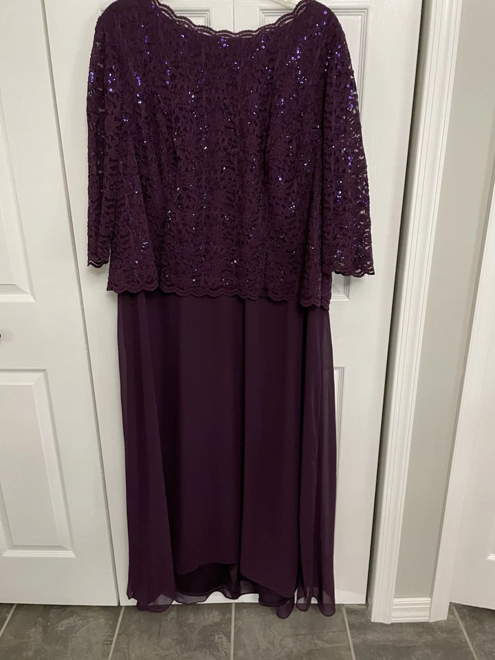 Maxi Vestido Falda de Gasa de Encaje Lentejuelas Simuladas Manga 3/4 Ciruela ALEX EVENINGS Ciruela 24W = 3X Foto 3 de 4