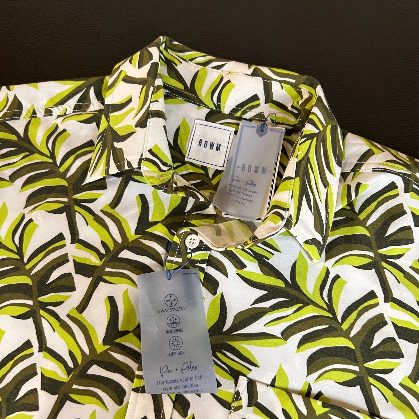 ROWM Palm Print Shirt 4 Way Stretch Wicking Upf 30+ Button Up Mens Medium NWT
