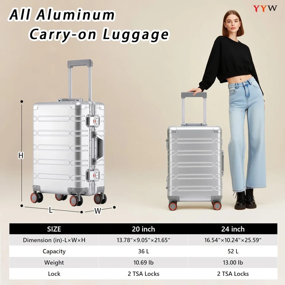 20/24/29" All Aluminum Carry On Luggage Zipperless Hard Shell Suitcase TSA Locks - Image 4 of 4