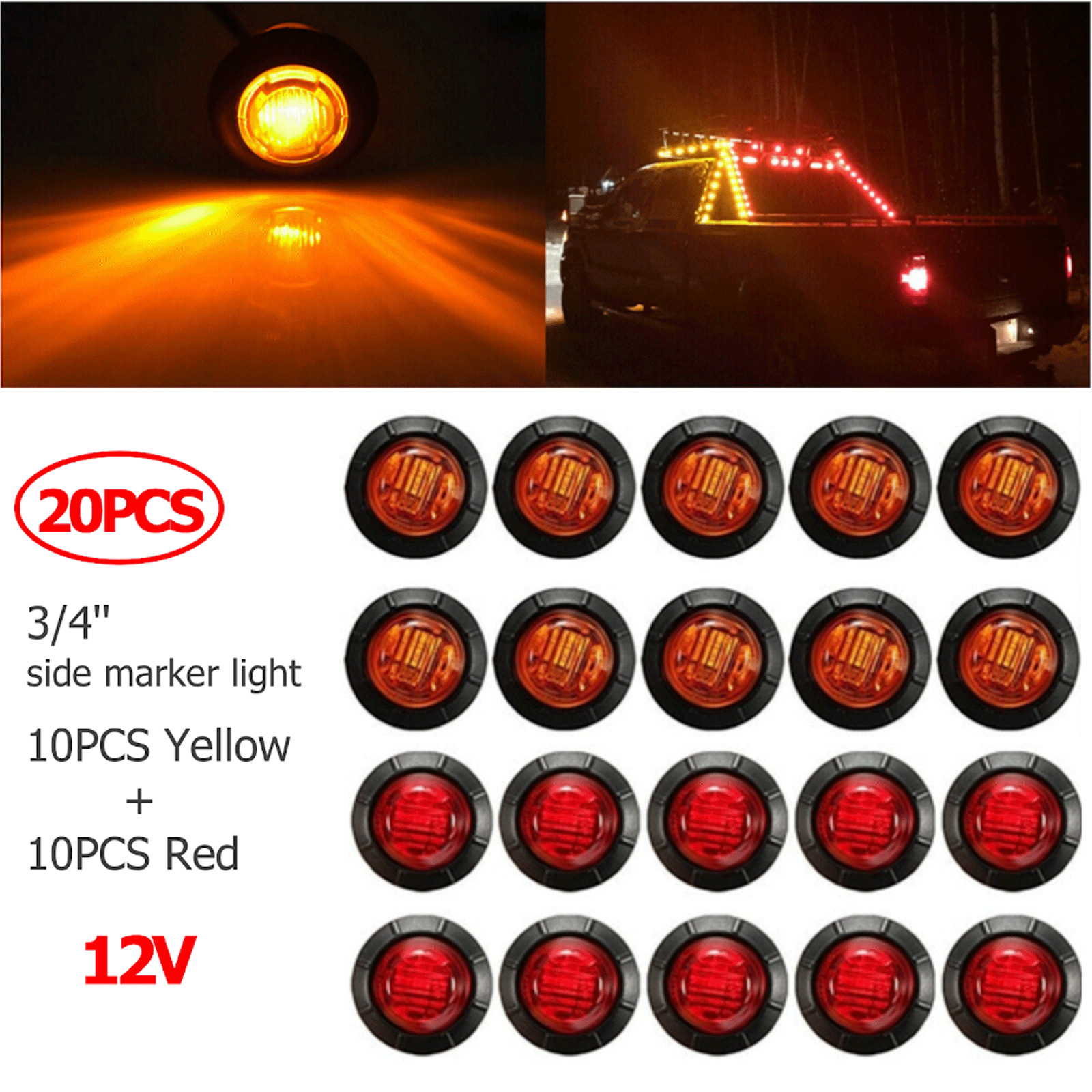 20pcs 3/4"in Marker LIGHTS LED Bullet Amber Red Truck Trailer RV Round Side Lamp