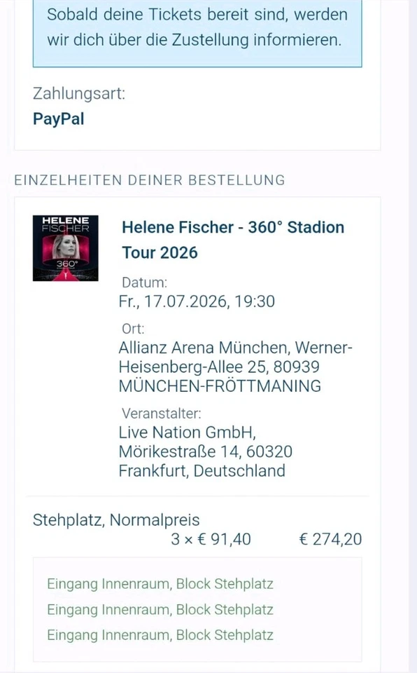 Helene Fischer 360° Stadion Tour München 17.07.26 Innenraum 3 x Stehplatz - Bild 2 von 2