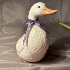 Vtg 80's Goose Duck Ceramic White Figurine 6  Blue purple Bow made in the USA