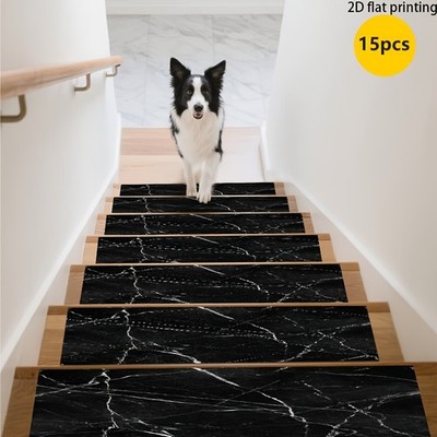 2D Flat Black Golden Marble Textured Stair Mats | Machine Washable, Non-Slip,